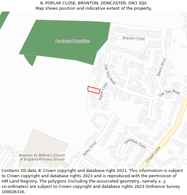 8, POPLAR CLOSE, BRANTON, DONCASTER, DN3 3QA: Location map and indicative extent of plot