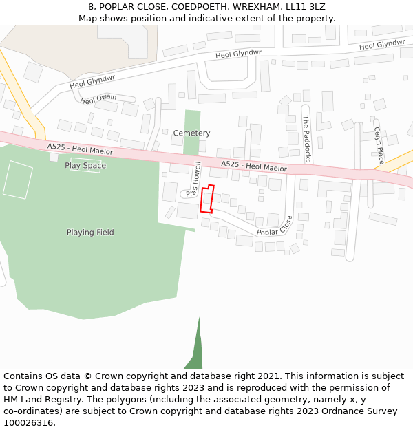 8, POPLAR CLOSE, COEDPOETH, WREXHAM, LL11 3LZ: Location map and indicative extent of plot