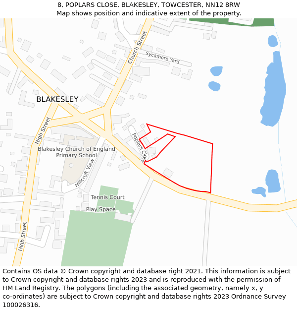 8, POPLARS CLOSE, BLAKESLEY, TOWCESTER, NN12 8RW: Location map and indicative extent of plot