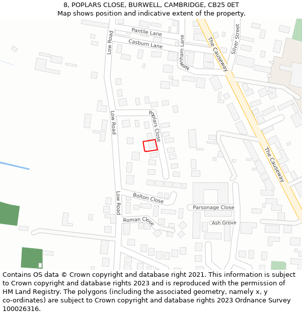8, POPLARS CLOSE, BURWELL, CAMBRIDGE, CB25 0ET: Location map and indicative extent of plot