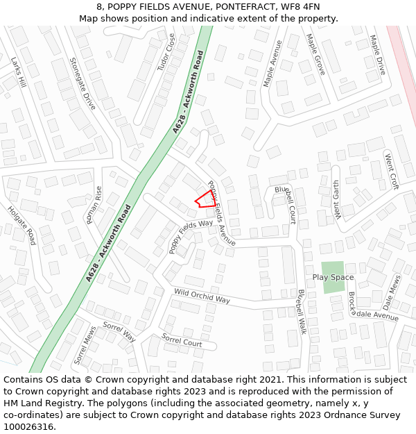 8, POPPY FIELDS AVENUE, PONTEFRACT, WF8 4FN: Location map and indicative extent of plot