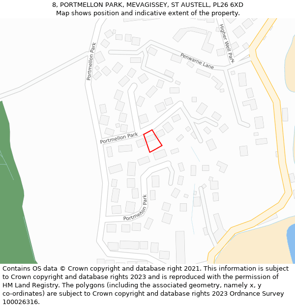 8, PORTMELLON PARK, MEVAGISSEY, ST AUSTELL, PL26 6XD: Location map and indicative extent of plot