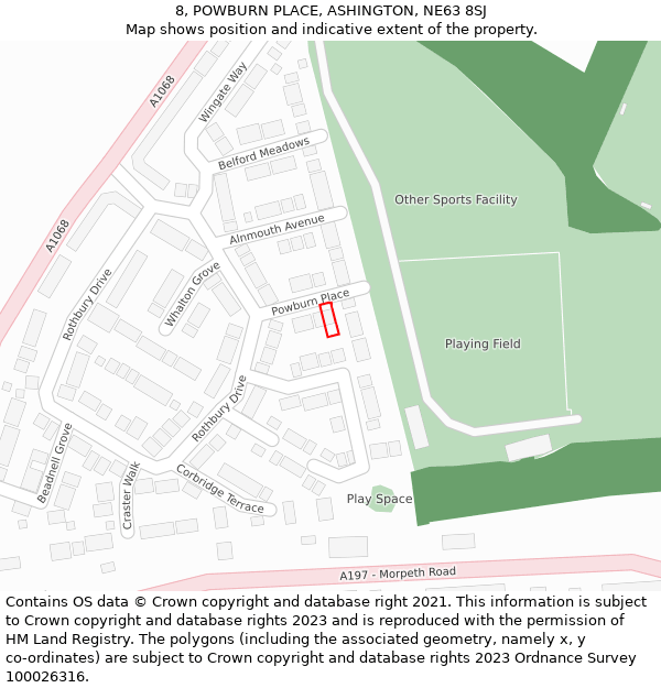 8, POWBURN PLACE, ASHINGTON, NE63 8SJ: Location map and indicative extent of plot