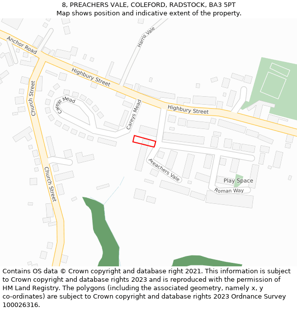 8, PREACHERS VALE, COLEFORD, RADSTOCK, BA3 5PT: Location map and indicative extent of plot