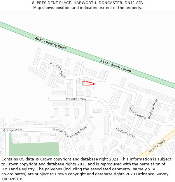 8, PRESIDENT PLACE, HARWORTH, DONCASTER, DN11 8FA: Location map and indicative extent of plot