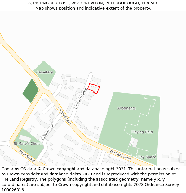 8, PRIDMORE CLOSE, WOODNEWTON, PETERBOROUGH, PE8 5EY: Location map and indicative extent of plot