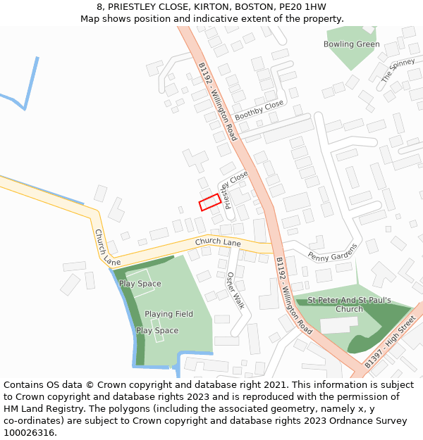 8, PRIESTLEY CLOSE, KIRTON, BOSTON, PE20 1HW: Location map and indicative extent of plot