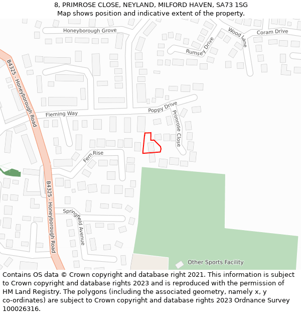 8, PRIMROSE CLOSE, NEYLAND, MILFORD HAVEN, SA73 1SG: Location map and indicative extent of plot