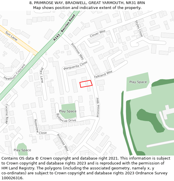 8, PRIMROSE WAY, BRADWELL, GREAT YARMOUTH, NR31 8RN: Location map and indicative extent of plot