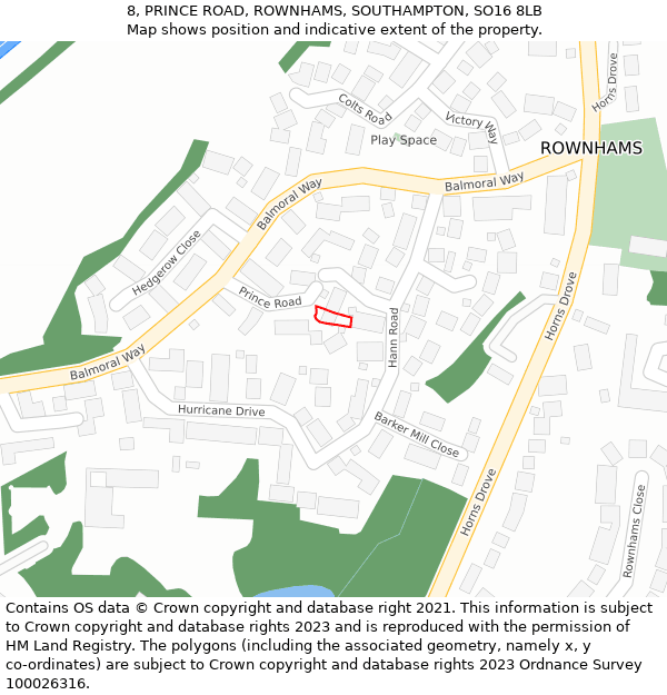 8, PRINCE ROAD, ROWNHAMS, SOUTHAMPTON, SO16 8LB: Location map and indicative extent of plot