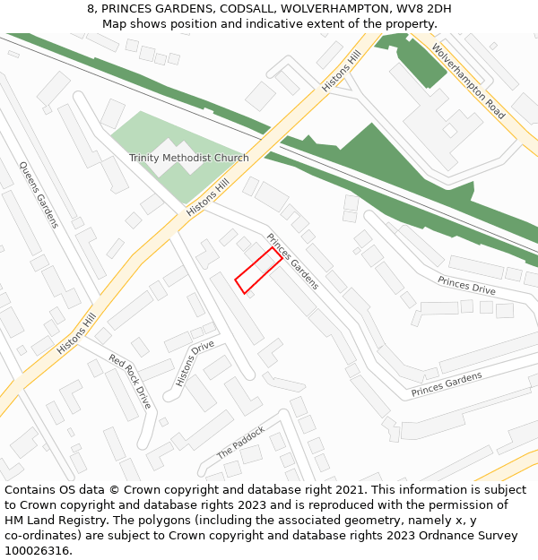 8, PRINCES GARDENS, CODSALL, WOLVERHAMPTON, WV8 2DH: Location map and indicative extent of plot