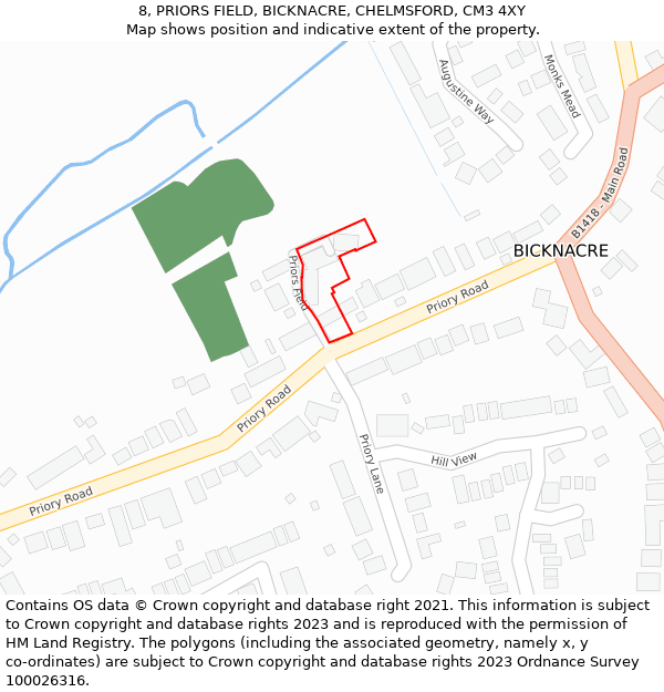 8, PRIORS FIELD, BICKNACRE, CHELMSFORD, CM3 4XY: Location map and indicative extent of plot