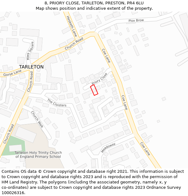 8, PRIORY CLOSE, TARLETON, PRESTON, PR4 6LU: Location map and indicative extent of plot