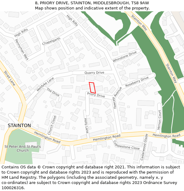 8, PRIORY DRIVE, STAINTON, MIDDLESBROUGH, TS8 9AW: Location map and indicative extent of plot