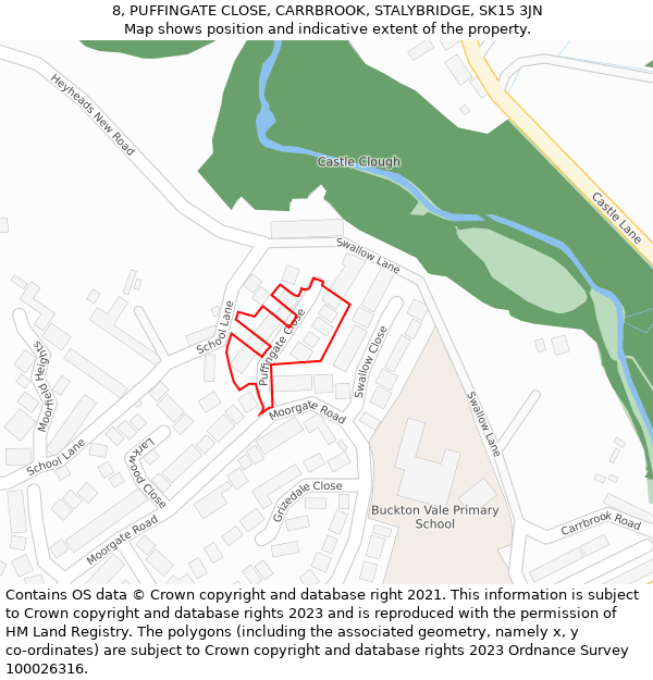 8, PUFFINGATE CLOSE, CARRBROOK, STALYBRIDGE, SK15 3JN: Location map and indicative extent of plot