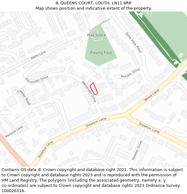 8, QUEENS COURT, LOUTH, LN11 8RR: Location map and indicative extent of plot