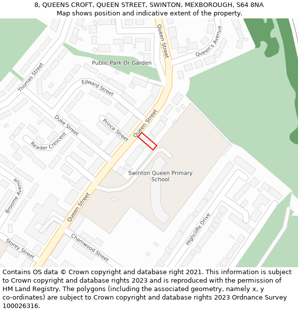 8, QUEENS CROFT, QUEEN STREET, SWINTON, MEXBOROUGH, S64 8NA: Location map and indicative extent of plot