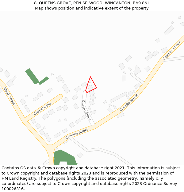 8, QUEENS GROVE, PEN SELWOOD, WINCANTON, BA9 8NL: Location map and indicative extent of plot