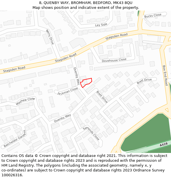 8, QUENBY WAY, BROMHAM, BEDFORD, MK43 8QU: Location map and indicative extent of plot