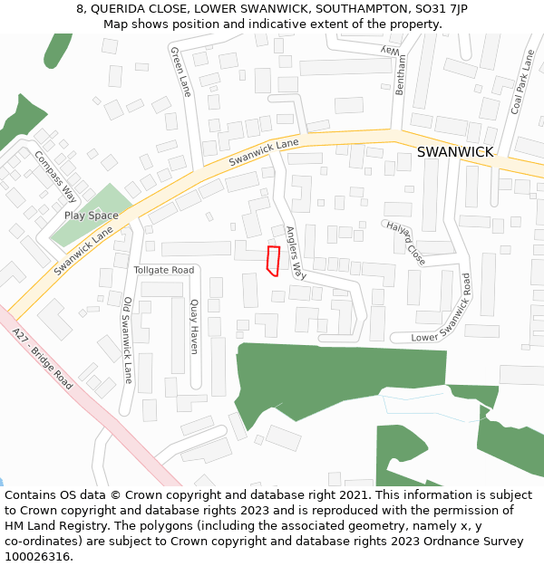 8, QUERIDA CLOSE, LOWER SWANWICK, SOUTHAMPTON, SO31 7JP: Location map and indicative extent of plot