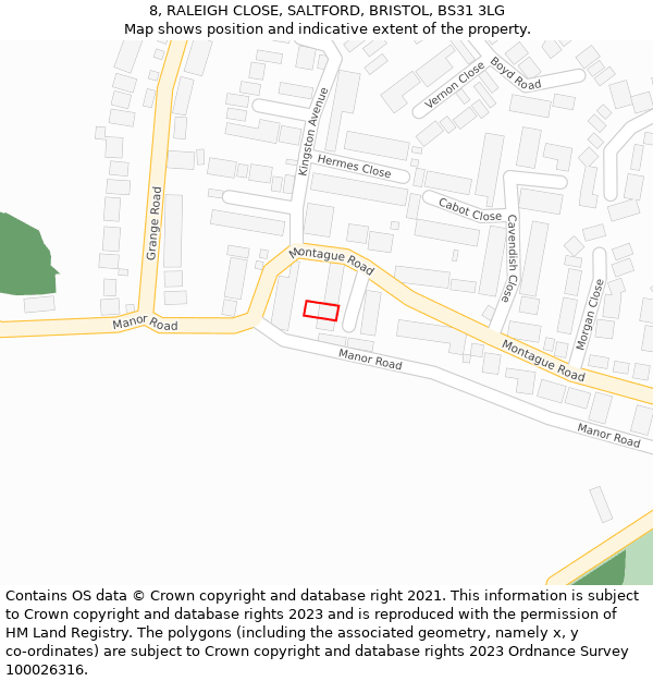 8, RALEIGH CLOSE, SALTFORD, BRISTOL, BS31 3LG: Location map and indicative extent of plot