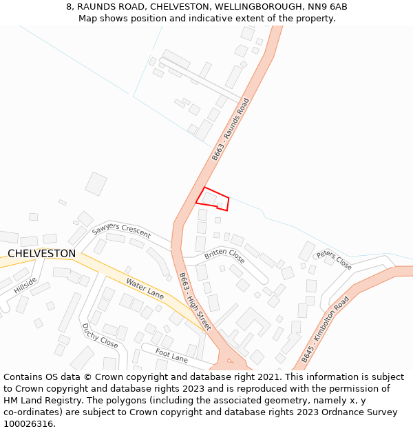 8, RAUNDS ROAD, CHELVESTON, WELLINGBOROUGH, NN9 6AB: Location map and indicative extent of plot