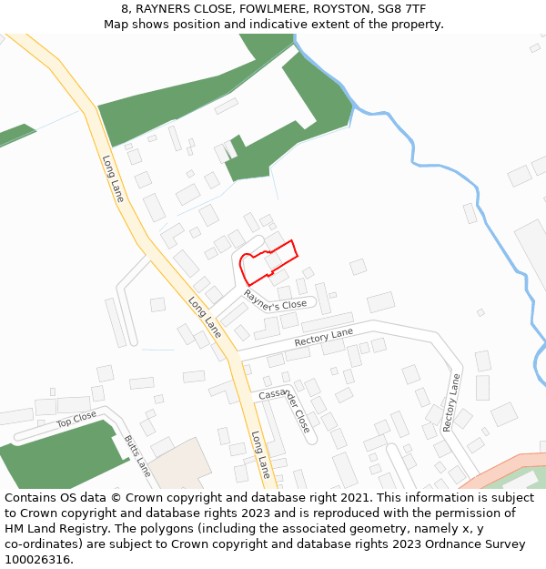 8, RAYNERS CLOSE, FOWLMERE, ROYSTON, SG8 7TF: Location map and indicative extent of plot