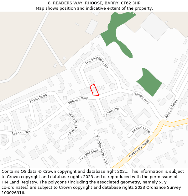 8, READERS WAY, RHOOSE, BARRY, CF62 3HP: Location map and indicative extent of plot