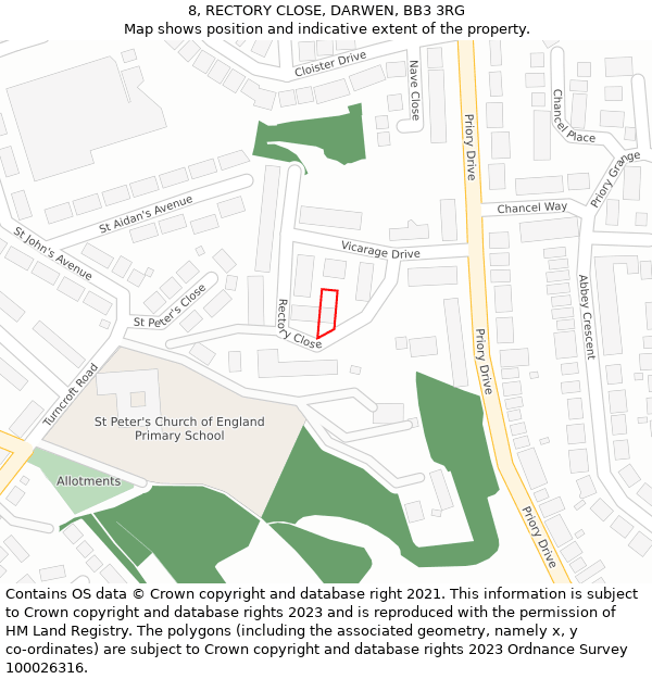 8, RECTORY CLOSE, DARWEN, BB3 3RG: Location map and indicative extent of plot