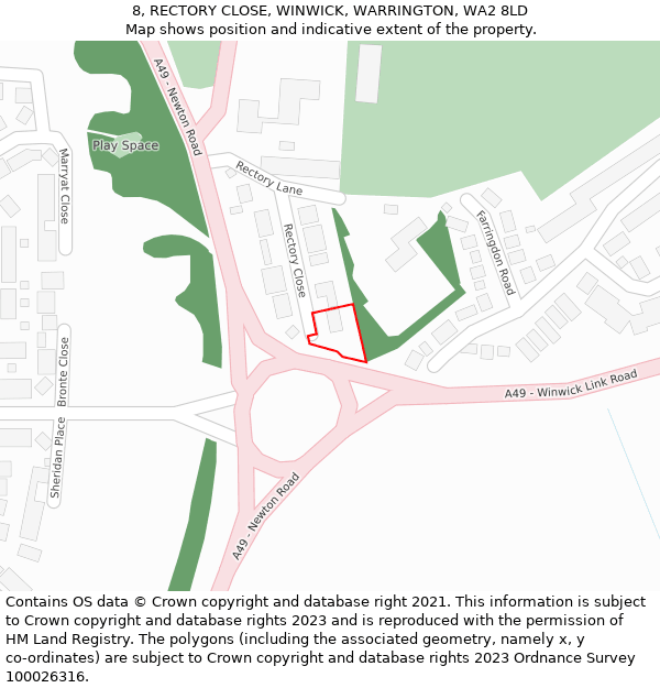 8, RECTORY CLOSE, WINWICK, WARRINGTON, WA2 8LD: Location map and indicative extent of plot