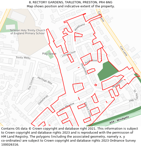 8, RECTORY GARDENS, TARLETON, PRESTON, PR4 6NG: Location map and indicative extent of plot