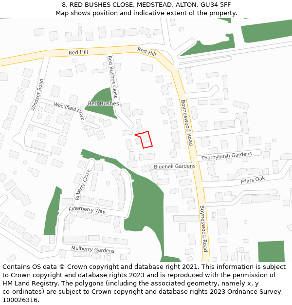 8, RED BUSHES CLOSE, MEDSTEAD, ALTON, GU34 5FF: Location map and indicative extent of plot