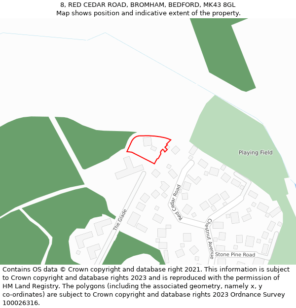 8, RED CEDAR ROAD, BROMHAM, BEDFORD, MK43 8GL: Location map and indicative extent of plot