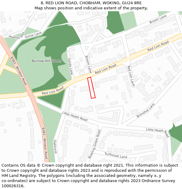 8, RED LION ROAD, CHOBHAM, WOKING, GU24 8RE: Location map and indicative extent of plot