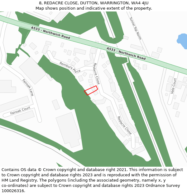 8, REDACRE CLOSE, DUTTON, WARRINGTON, WA4 4JU: Location map and indicative extent of plot