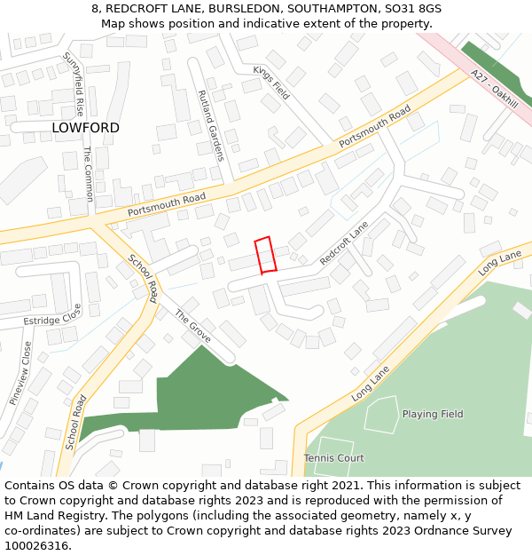 8, REDCROFT LANE, BURSLEDON, SOUTHAMPTON, SO31 8GS: Location map and indicative extent of plot
