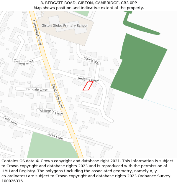 8, REDGATE ROAD, GIRTON, CAMBRIDGE, CB3 0PP: Location map and indicative extent of plot