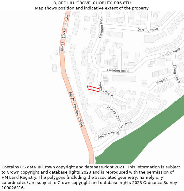 8, REDHILL GROVE, CHORLEY, PR6 8TU: Location map and indicative extent of plot