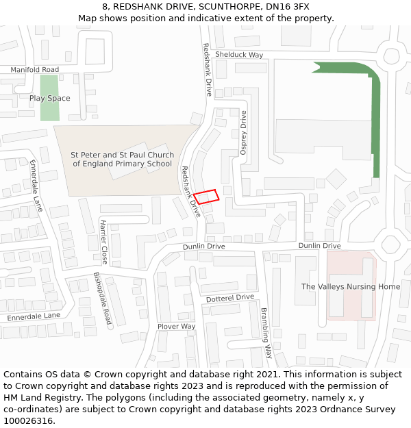 8, REDSHANK DRIVE, SCUNTHORPE, DN16 3FX: Location map and indicative extent of plot