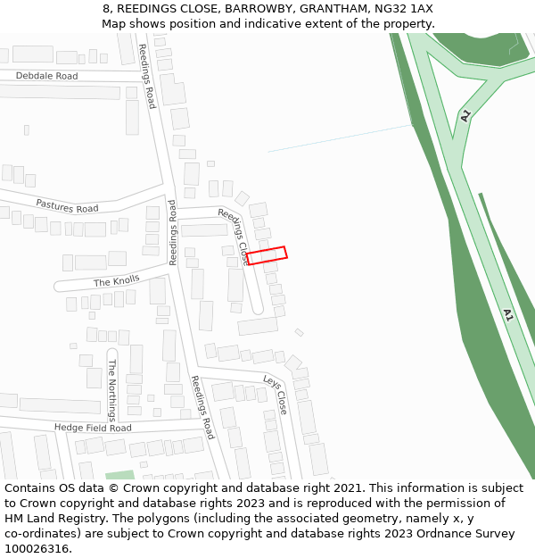 8, REEDINGS CLOSE, BARROWBY, GRANTHAM, NG32 1AX: Location map and indicative extent of plot