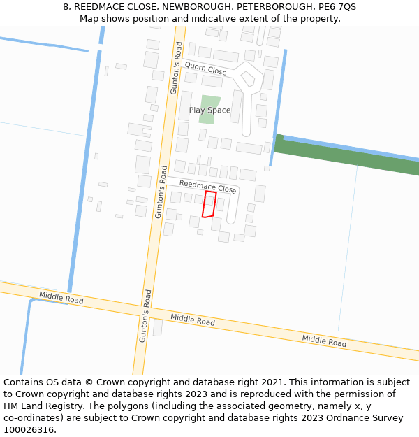 8, REEDMACE CLOSE, NEWBOROUGH, PETERBOROUGH, PE6 7QS: Location map and indicative extent of plot