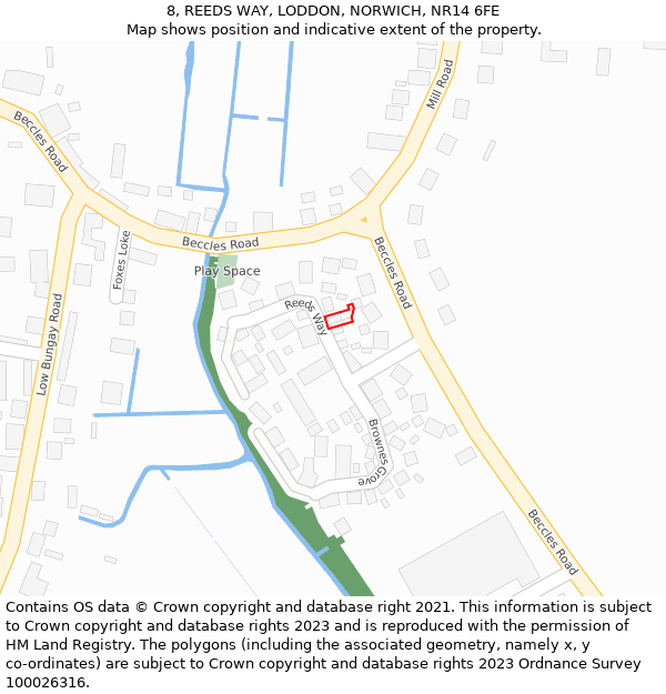 8, REEDS WAY, LODDON, NORWICH, NR14 6FE: Location map and indicative extent of plot