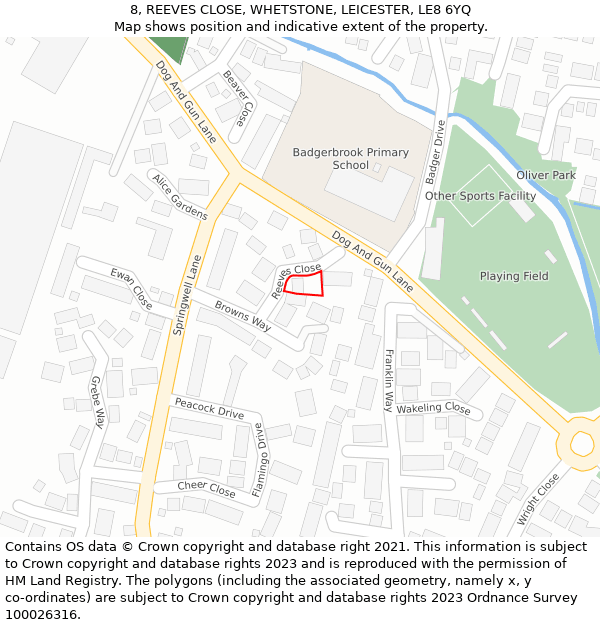 8, REEVES CLOSE, WHETSTONE, LEICESTER, LE8 6YQ: Location map and indicative extent of plot