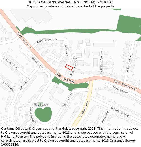 8, REID GARDENS, WATNALL, NOTTINGHAM, NG16 1LG: Location map and indicative extent of plot