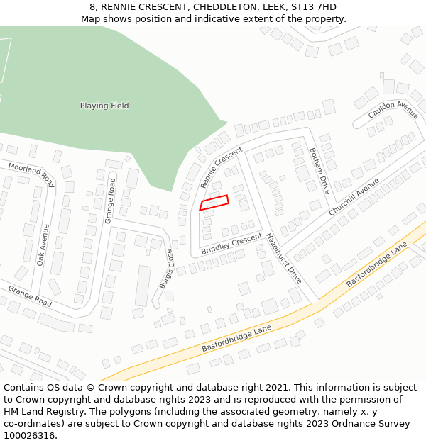 8, RENNIE CRESCENT, CHEDDLETON, LEEK, ST13 7HD: Location map and indicative extent of plot