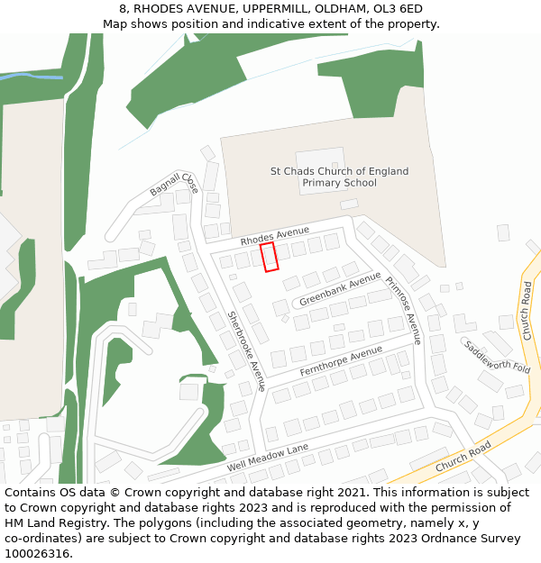 8, RHODES AVENUE, UPPERMILL, OLDHAM, OL3 6ED: Location map and indicative extent of plot