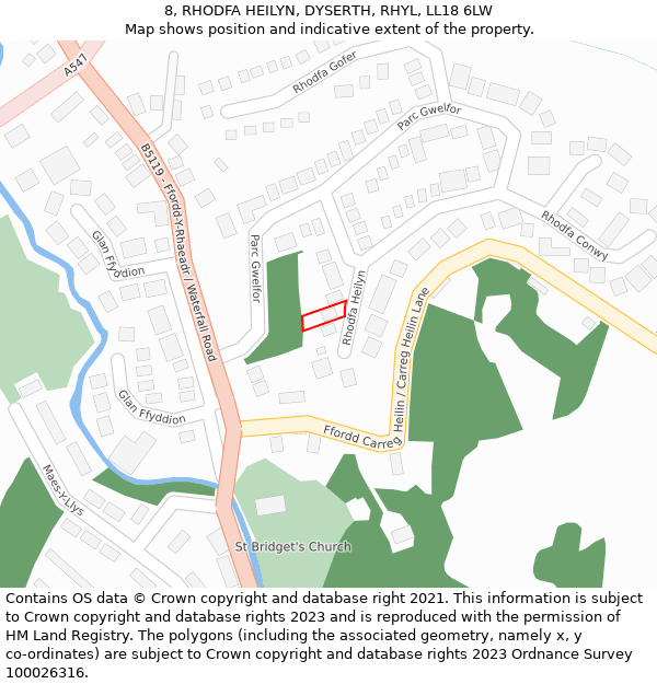 8, RHODFA HEILYN, DYSERTH, RHYL, LL18 6LW: Location map and indicative extent of plot