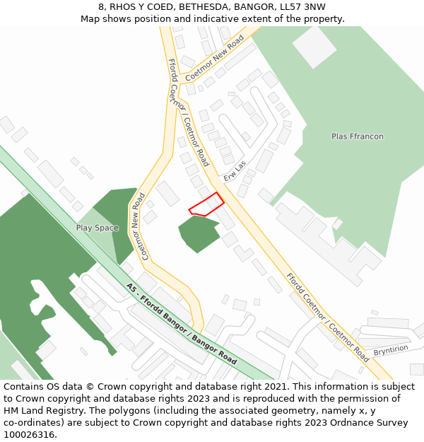 8, RHOS Y COED, BETHESDA, BANGOR, LL57 3NW: Location map and indicative extent of plot