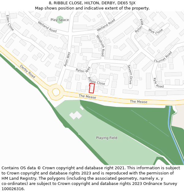 8, RIBBLE CLOSE, HILTON, DERBY, DE65 5JX: Location map and indicative extent of plot