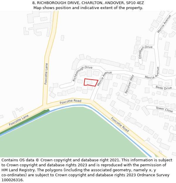 8, RICHBOROUGH DRIVE, CHARLTON, ANDOVER, SP10 4EZ: Location map and indicative extent of plot